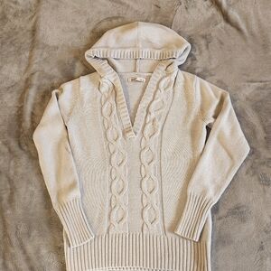 Y2K Old NAVY Hooded Chunky Sweater, Sz Med, Cable-knit Gray Deep V-neck,